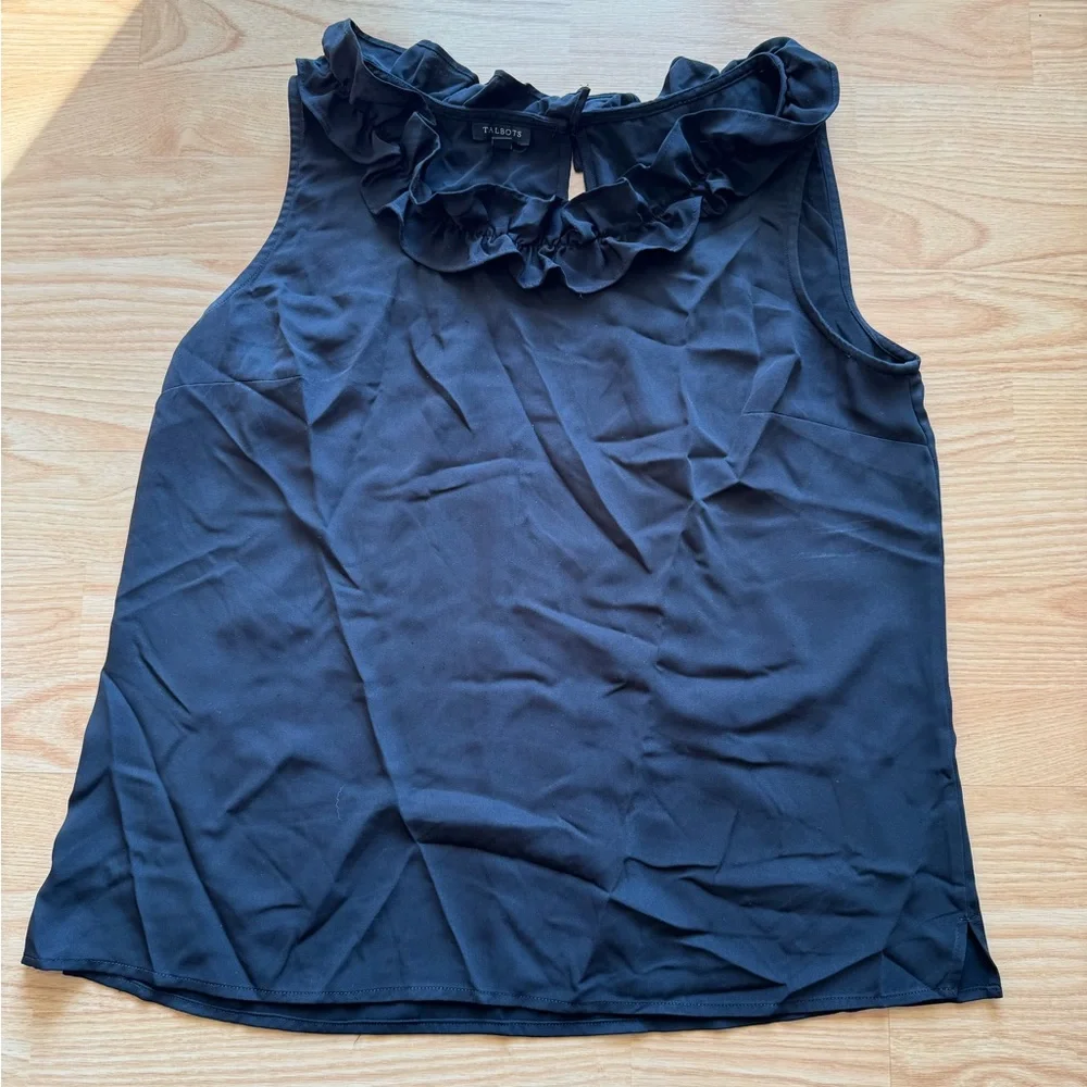 Talbots Black Ruffle Neck Blouse chic essential office business classic solid - Picture 1 of 4